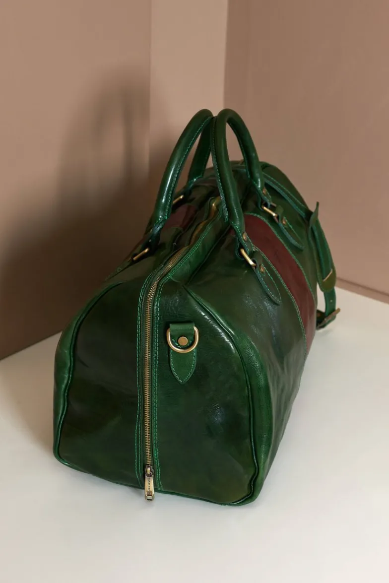 D'Arienzo Morris - Borsone da viaggio in pelle verde marrone con chiusura zip