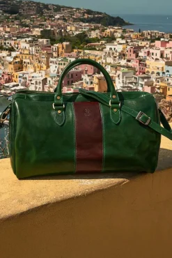 D'Arienzo Morris - Borsone da viaggio in pelle verde marrone con chiusura zip