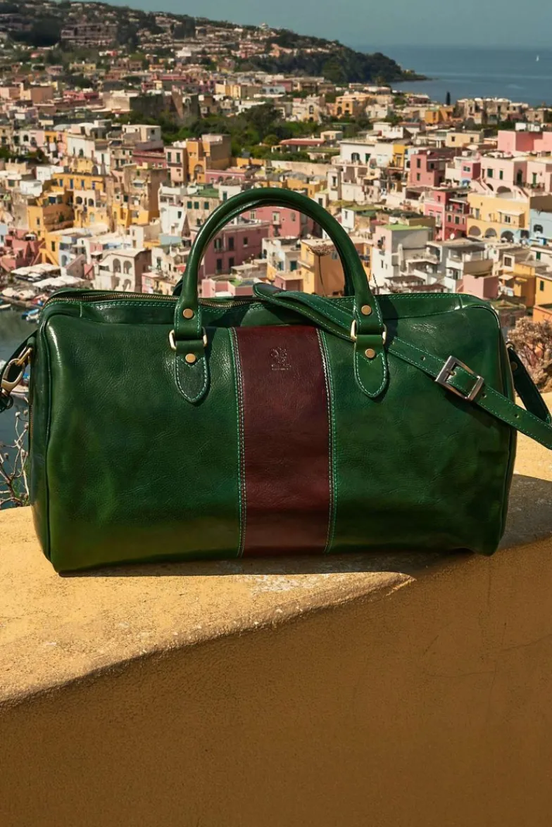 D'Arienzo Morris - Borsone da viaggio in pelle verde marrone con chiusura zip