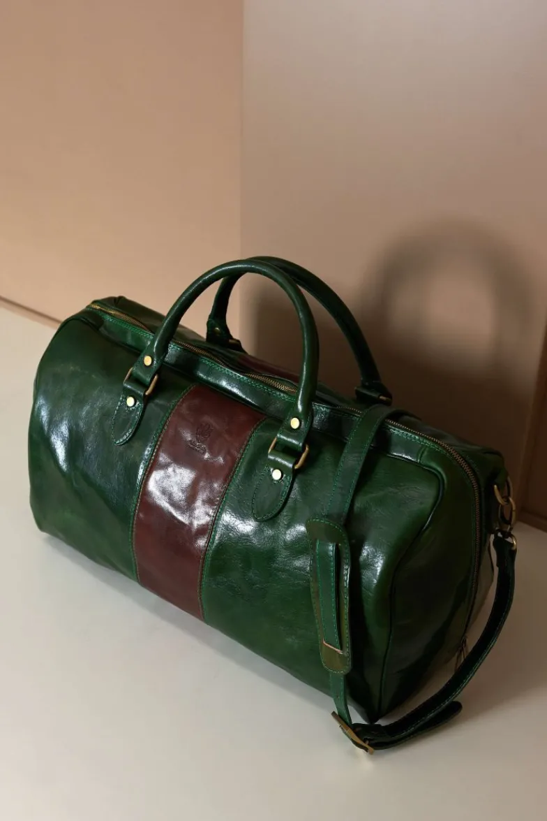 D'Arienzo Morris - Borsone da viaggio in pelle verde marrone con chiusura zip