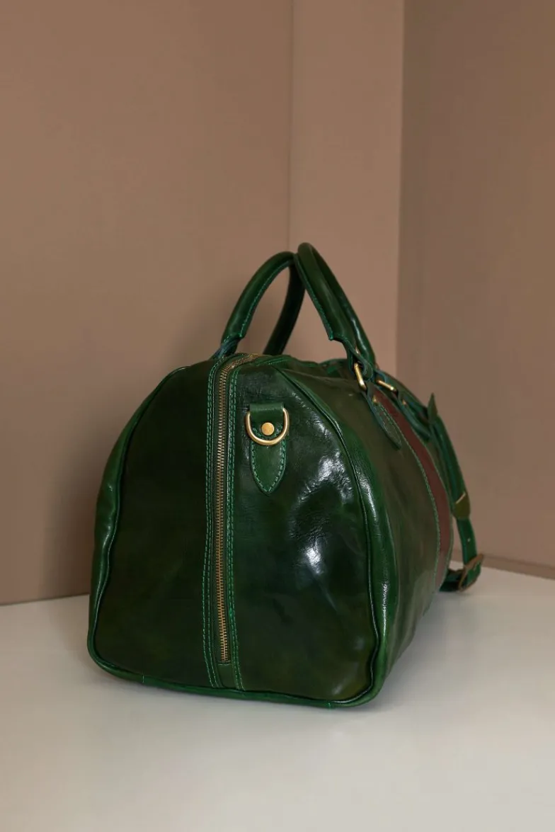D'Arienzo Morris - Borsone da viaggio in pelle verde marrone con chiusura zip