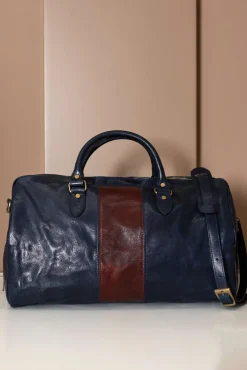 D'Arienzo Morris - Borsone da viaggio in pelle blu marrone con chiusura zip