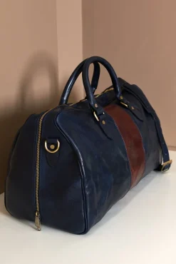 D'Arienzo Morris - Borsone da viaggio in pelle blu marrone con chiusura zip