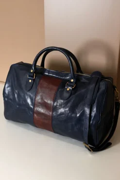 D'Arienzo Morris - Borsone da viaggio in pelle blu marrone con chiusura zip
