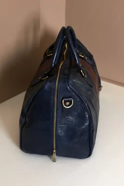 D'Arienzo Morris - Borsone da viaggio in pelle blu marrone con chiusura zip