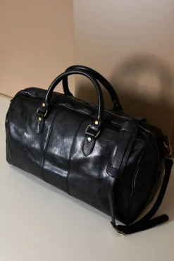 D'Arienzo Morris - Borsone da viaggio in pelle nera con manico pieghevole