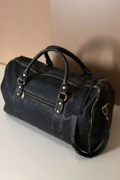 D'Arienzo Morris - Borsone da viaggio in pelle nera vintage con chiusura zip