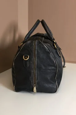 D'Arienzo Morris - Borsone da viaggio in pelle nera vintage con chiusura zip