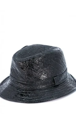 Donna D'Arienzo New York - Cappello da donna in pelle laminata nera stile borsalino