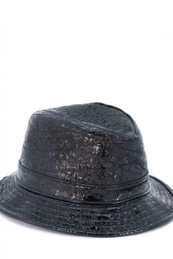 Donna D'Arienzo New York - Cappello da donna in pelle laminata nera stile borsalino
