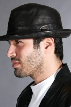 Uomo D'Arienzo New York - Cappello da uomo in pelle nera stile borsalino