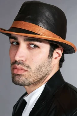 Uomo D'Arienzo New York - Cappello da uomo in pelle nera cuoio stile borsalino