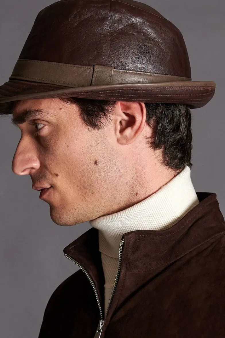 Uomo D'Arienzo New York - Cappello da uomo in pelle moro stile borsalino