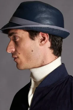 Uomo D'Arienzo New York - Cappello da uomo in pelle blu stile borsalino
