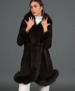 Donna D'Arienzo Olga - Cappotto in montone scamosciato testa di moro con collo in volpe