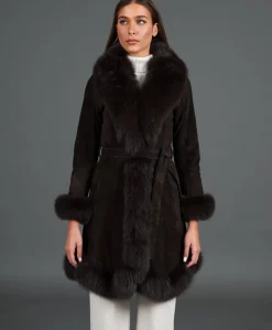 Donna D'Arienzo Olga - Cappotto in montone scamosciato testa di moro con collo in volpe