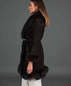 Donna D'Arienzo Olga - Cappotto in montone scamosciato testa di moro con collo in volpe