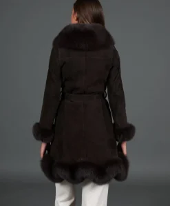 Donna D'Arienzo Olga - Cappotto in montone scamosciato testa di moro con collo in volpe