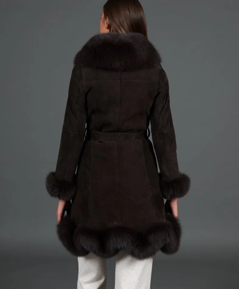 Donna D'Arienzo Olga - Cappotto in montone scamosciato testa di moro con collo in volpe