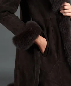 Donna D'Arienzo Olga - Cappotto in montone scamosciato testa di moro con collo in volpe