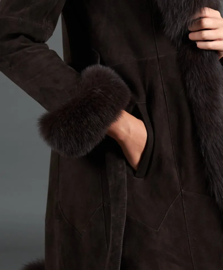 Donna D'Arienzo Olga - Cappotto in montone scamosciato testa di moro con collo in volpe