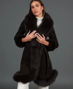Donna D'Arienzo Olga - Cappotto in montone scamosciato testa di moro con collo in volpe