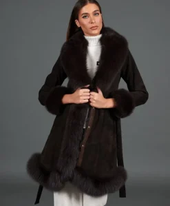 Donna D'Arienzo Olga - Cappotto in montone scamosciato testa di moro con collo in volpe