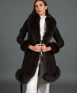 Donna D'Arienzo Olga - Cappotto in montone scamosciato testa di moro con collo in volpe
