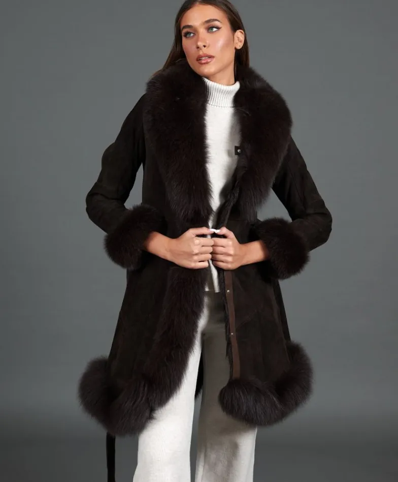 Donna D'Arienzo Olga - Cappotto in montone scamosciato testa di moro con collo in volpe
