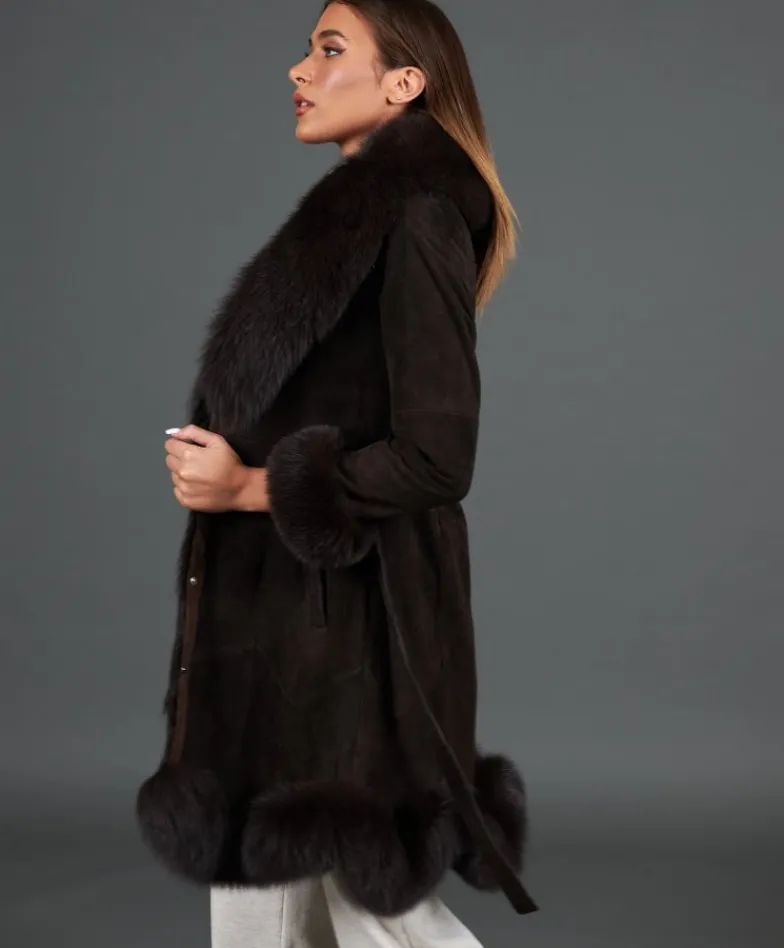 Donna D'Arienzo Olga - Cappotto in montone scamosciato testa di moro con collo in volpe