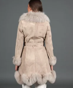 Donna D'Arienzo Olga - Cappotto in montone scamosciato beige con collo in volpe
