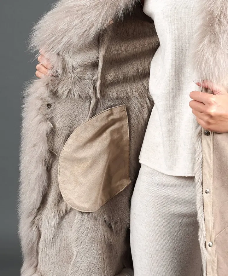 Donna D'Arienzo Olga - Cappotto in montone scamosciato beige con collo in volpe
