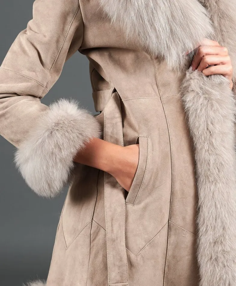 Donna D'Arienzo Olga - Cappotto in montone scamosciato beige con collo in volpe