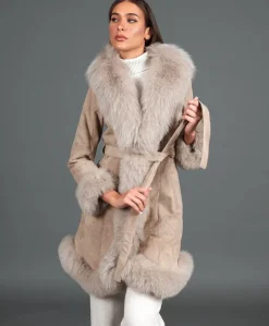 Donna D'Arienzo Olga - Cappotto in montone scamosciato beige con collo in volpe