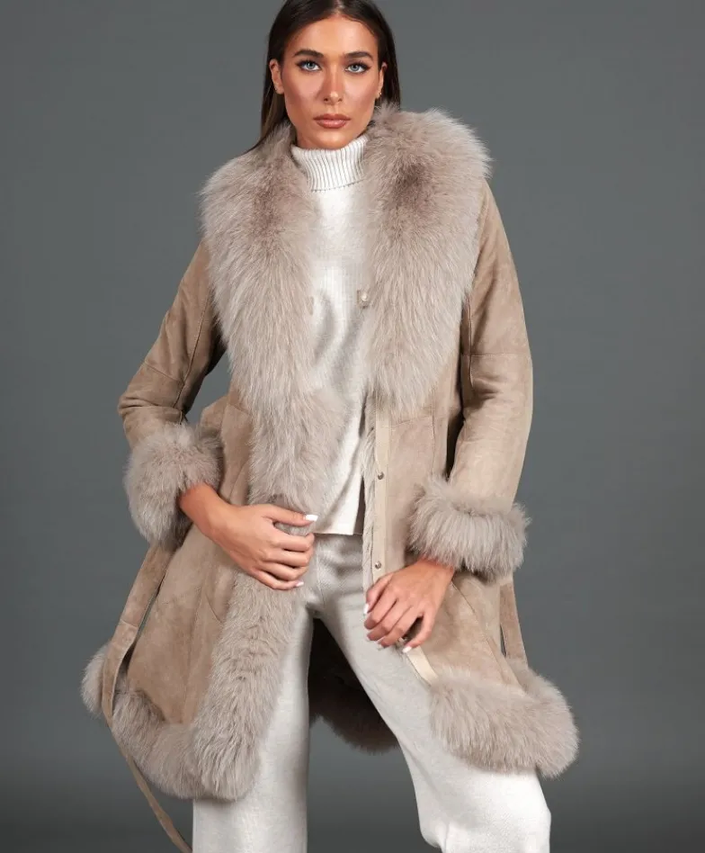 Donna D'Arienzo Olga - Cappotto in montone scamosciato beige con collo in volpe