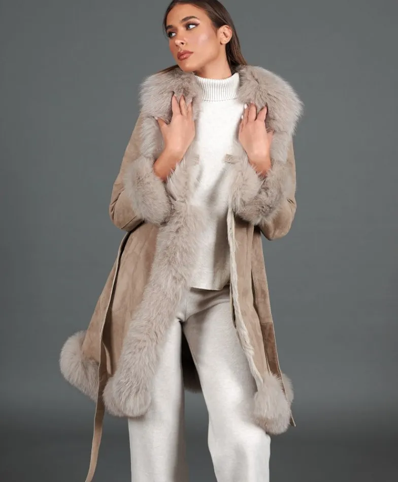 Donna D'Arienzo Olga - Cappotto in montone scamosciato beige con collo in volpe