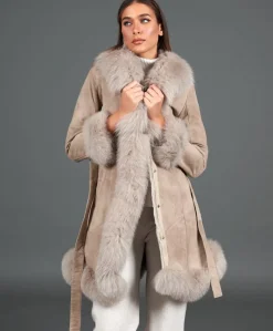 Donna D'Arienzo Olga - Cappotto in montone scamosciato beige con collo in volpe