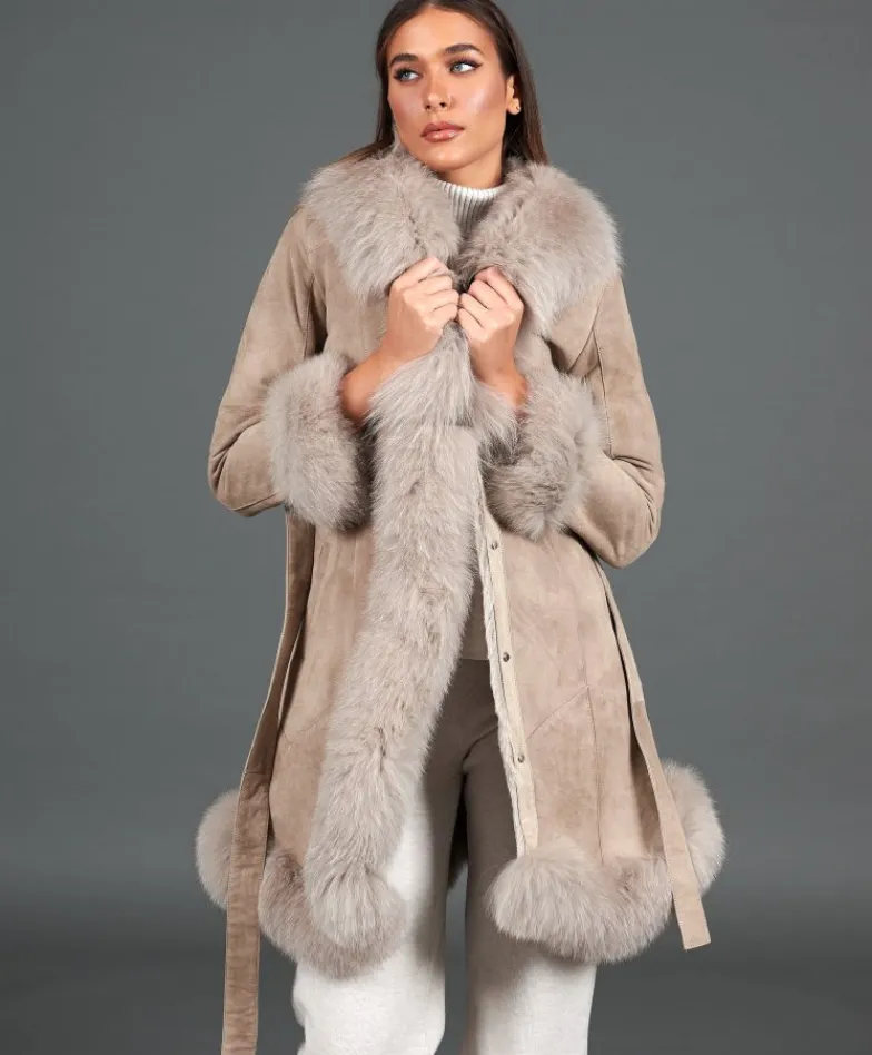 Donna D'Arienzo Olga - Cappotto in montone scamosciato beige con collo in volpe