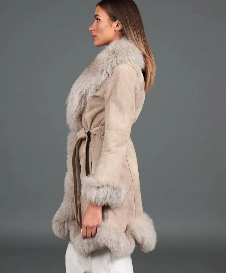 Donna D'Arienzo Olga - Cappotto in montone scamosciato beige con collo in volpe