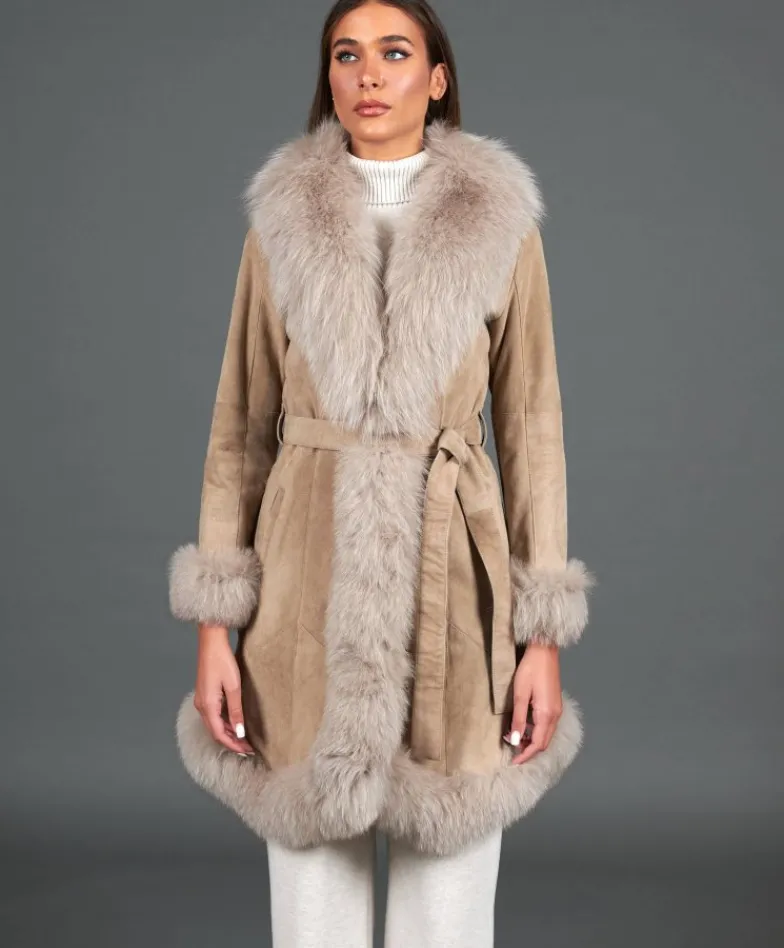 Donna D'Arienzo Olga - Cappotto in montone scamosciato beige con collo in volpe