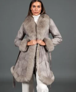 Donna D'Arienzo Olga - Cappotto in pelliccia di lapin nappato grigio con collo in volpe