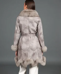 Donna D'Arienzo Olga - Cappotto in pelliccia di lapin nappato grigio con collo in volpe