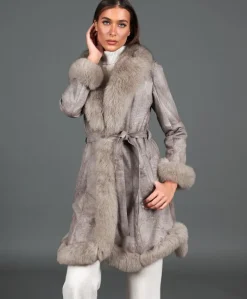 Donna D'Arienzo Olga - Cappotto in pelliccia di lapin nappato grigio con collo in volpe
