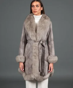 Donna D'Arienzo Olga - Cappotto in pelliccia di lapin nappato grigio con collo in volpe