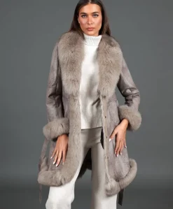 Donna D'Arienzo Olga - Cappotto in pelliccia di lapin nappato grigio con collo in volpe