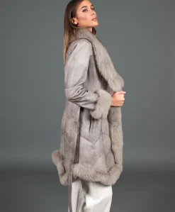Donna D'Arienzo Olga - Cappotto in pelliccia di lapin nappato grigio con collo in volpe