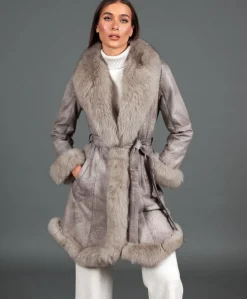 Donna D'Arienzo Olga - Cappotto in pelliccia di lapin nappato grigio con collo in volpe
