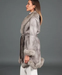 Donna D'Arienzo Olga - Cappotto in pelliccia di lapin nappato grigio con collo in volpe