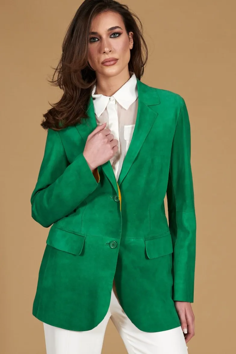 Donna D'Arienzo Olivia - Giacca blazer in pelle scamosciata colore verde