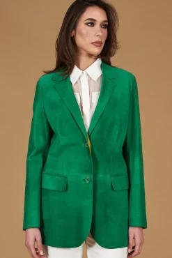Donna D'Arienzo Olivia - Giacca blazer in pelle scamosciata colore verde